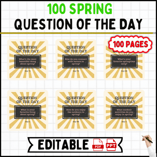 spring questions, question of the day, classroom activities, spring-themed, educational resources, critical thinking, morning meetings, journal prompts, icebreakers, class discussions, teacher resources, student engagement, spring activities, spring flowers, signs of spring, spring animals, educational tools, classroom community, free resources, printable cards, digital cards, remote learning, homeschooling