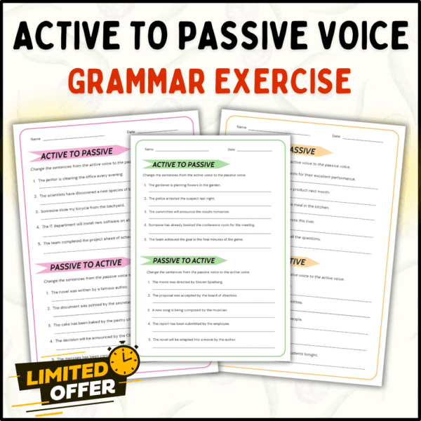 Active to Passive Voice Exercise Worksheet 8 Pages (PDF & Editable PPT)