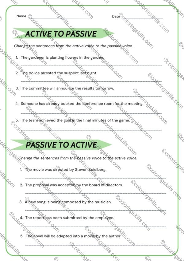 Active to Passive Voice Exercise Worksheet 8 Pages (PDF & Editable PPT)