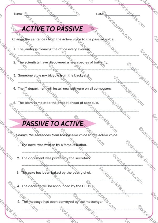 Active to Passive Voice Exercise Worksheet 8 Pages (PDF & Editable PPT)