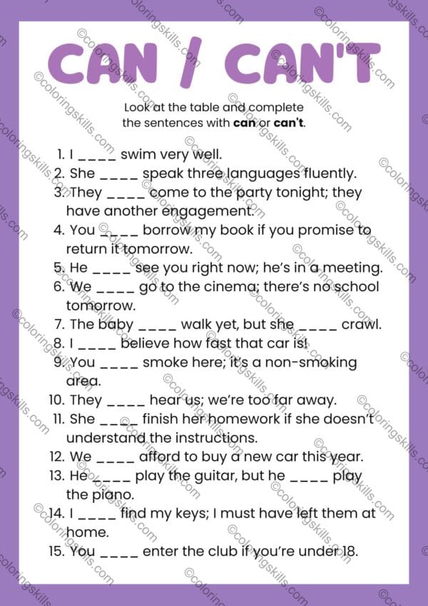 Can and Can't English Grammar Worksheets - Editable PDF and PowerPoint Bundle