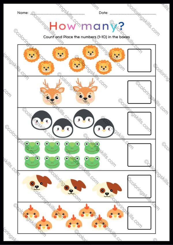 Colorful How Many Animals Worksheet - Fun and Engaging Counting Practice for Kids