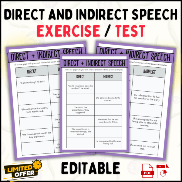 Direct and Indirect Speech, Speech Worksheets, Grammar Exercises, Editable Worksheets, Educational Worksheets PDF, Direct Speech Practice, Indirect Speech Practice, Grammar Practice, Classroom Worksheets, English Grammar Worksheets, Speech Transformation Exercises, Grammar Learning Tools, Sentence Conversion, Speech Types Worksheets, Homeschool Grammar Resources, Teaching Direct Speech, Reporting Verbs Practice, Interactive Grammar Resources, Sentence Structure Practice, Grammar Worksheets PDF.