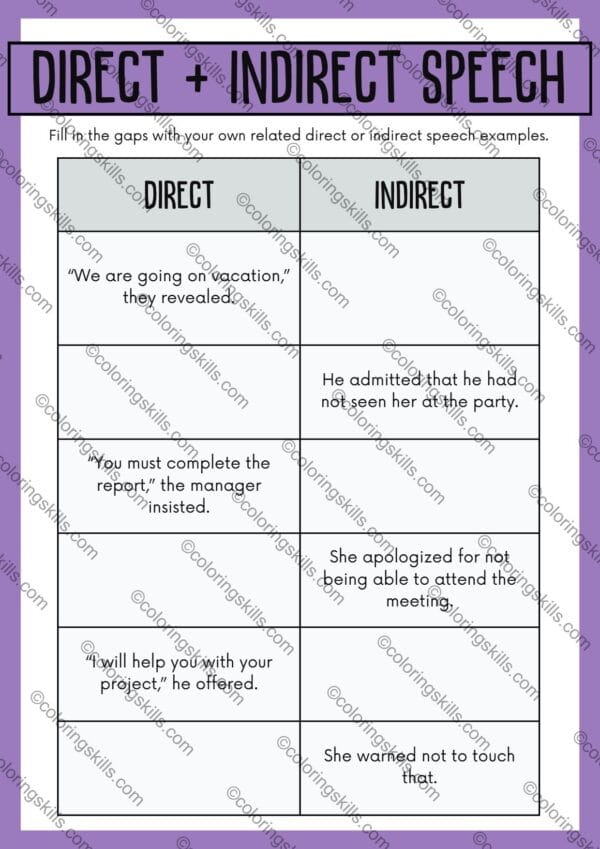 Direct and Indirect Speech, Speech Worksheets, Grammar Exercises, Editable Worksheets, Educational Worksheets PDF, Direct Speech Practice, Indirect Speech Practice, Grammar Practice, Classroom Worksheets, English Grammar Worksheets, Speech Transformation Exercises, Grammar Learning Tools, Sentence Conversion, Speech Types Worksheets, Homeschool Grammar Resources, Teaching Direct Speech, Reporting Verbs Practice, Interactive Grammar Resources, Sentence Structure Practice, Grammar Worksheets PDF.