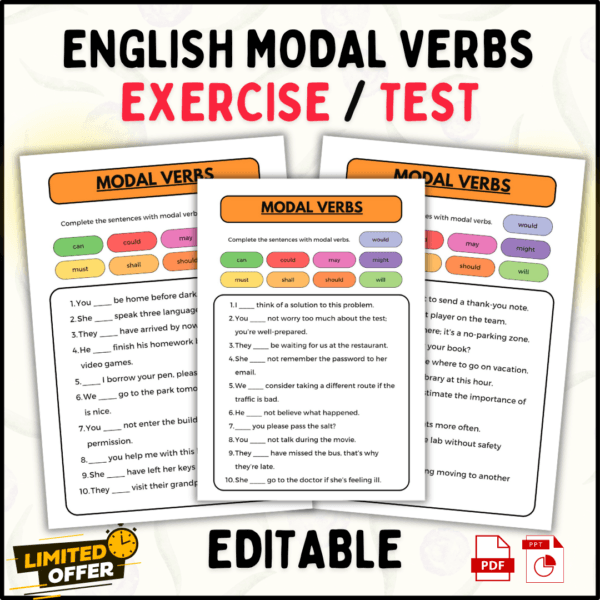 business English, modal verbs, grammar worksheet, English communication, ESL resources, professional English, PDF download, editable PowerPoint, answer key, language learning