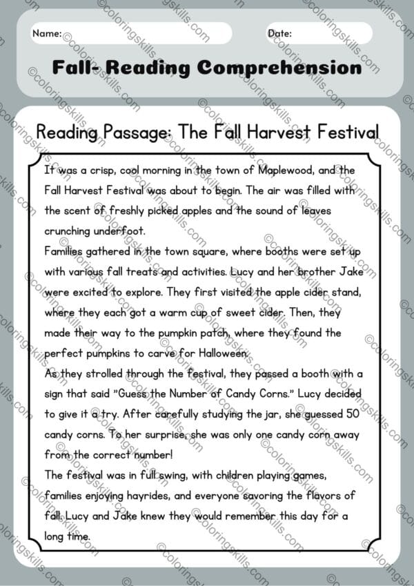 fall reading comprehension, 2nd grade reading passages, autumn-themed literacy, reading comprehension worksheets, educational PDF, second grade, reading practice, printable reading activities, comprehension questions, no answer key, seasonal learning, fall festival, autumn scarecrow story, young readers, homeschool resources