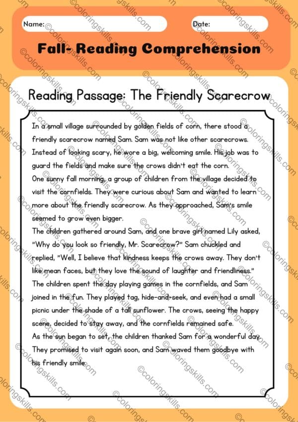 fall reading comprehension, 2nd grade reading passages, autumn-themed literacy, reading comprehension worksheets, educational PDF, second grade, reading practice, printable reading activities, comprehension questions, no answer key, seasonal learning, fall festival, autumn scarecrow story, young readers, homeschool resources