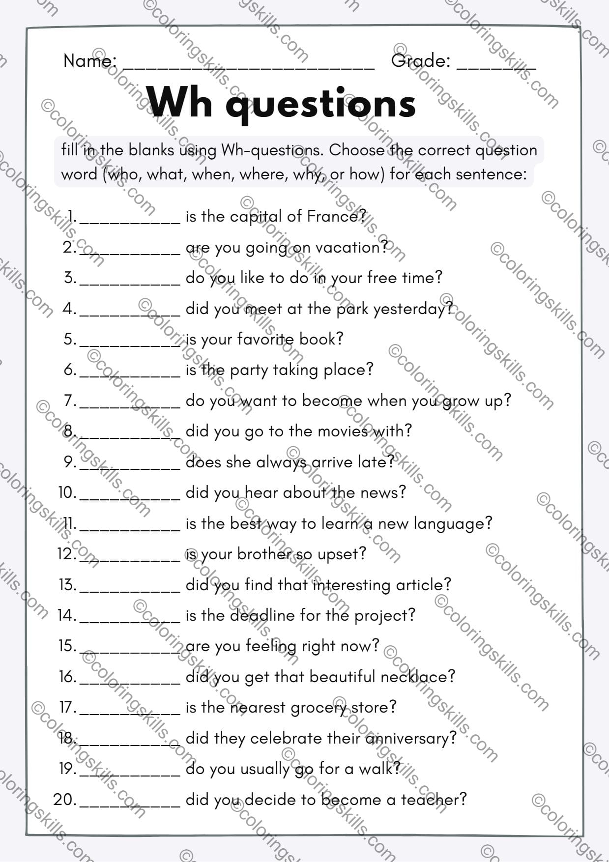 Wh-Questions Challenge Activity Worksheets (Who, What, When, Where, Why ...