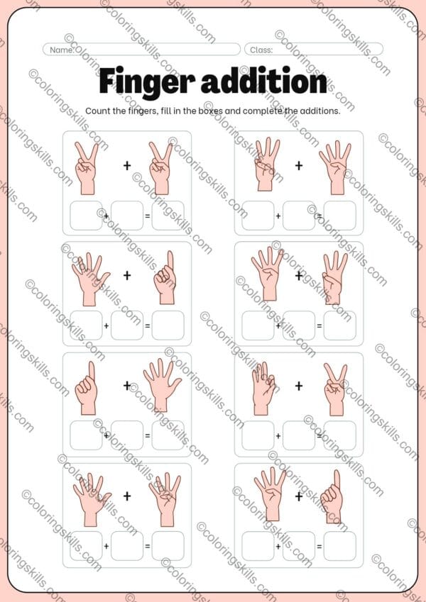 Finger Addition Worksheet, Math Worksheets for Kids, Visual Learning Math, Interactive Addition Practice, Addition Worksheets PDF, Counting Fingers Math, Early Math Skills, Illustrative Addition Worksheet, Kindergarten Math Resource, Addition for Beginners