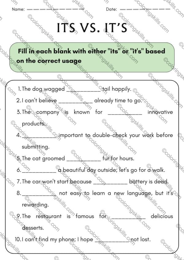 its vs it’s worksheet, its vs it’s grammar exercise, possessive vs contraction worksheets, English grammar worksheets, its it’s answer key, printable its vs it’s worksheets, grammar exercises for students, A4 grammar worksheet, editable PPT grammar exercise, grammar practice PDF