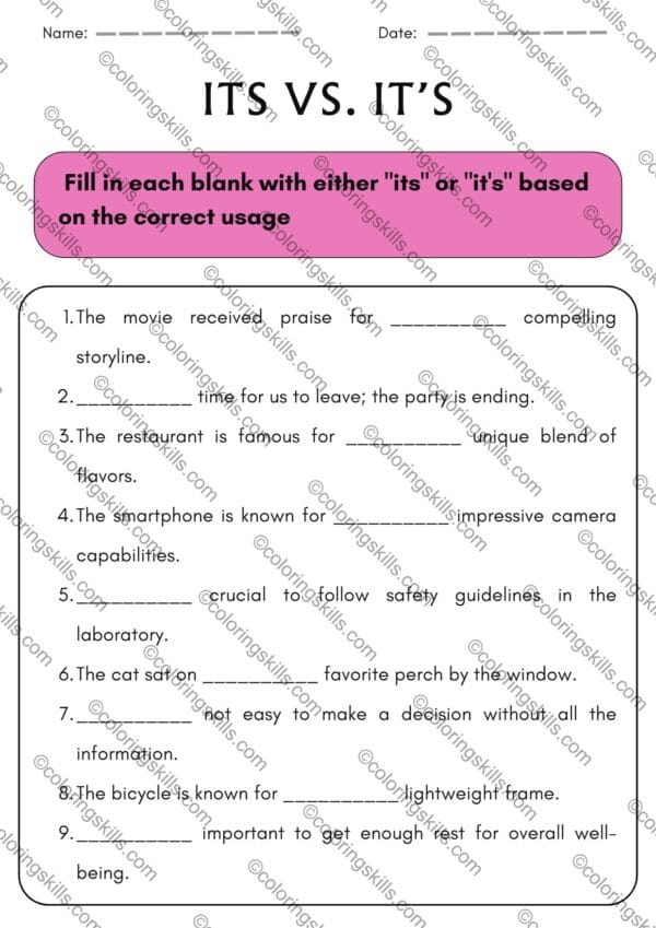 its vs it’s worksheet, its vs it’s grammar exercise, possessive vs contraction worksheets, English grammar worksheets, its it’s answer key, printable its vs it’s worksheets, grammar exercises for students, A4 grammar worksheet, editable PPT grammar exercise, grammar practice PDF