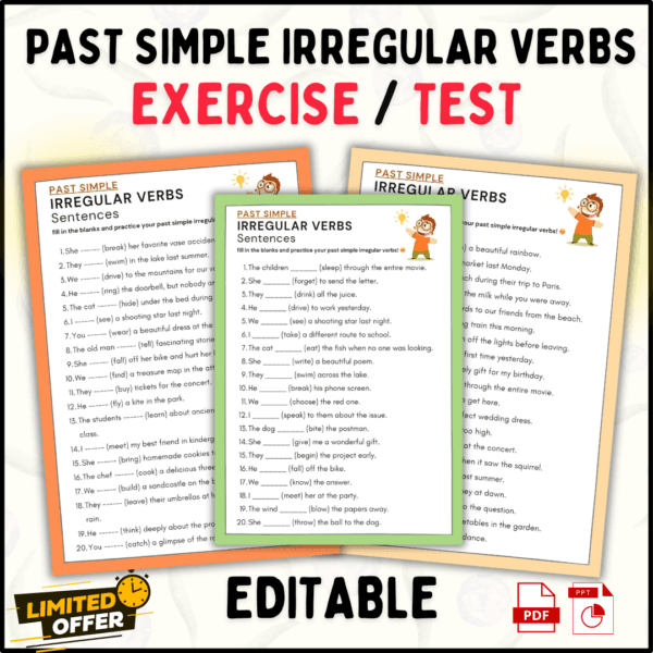 Past Simple, Irregular Verbs, English Grammar Worksheets, Fill-In Activity, Verb Practice PDF, Editable Grammar Worksheet, Past Tense Practice, ESL Teaching Resource, Self-Study English Worksheets, Homeschooling Grammar, grammar worksheets, past simple irregular verbs, verb worksheets pdf, editable ppt grammar worksheets, English fill-in-the-blank, ESL resources, printable grammar worksheets