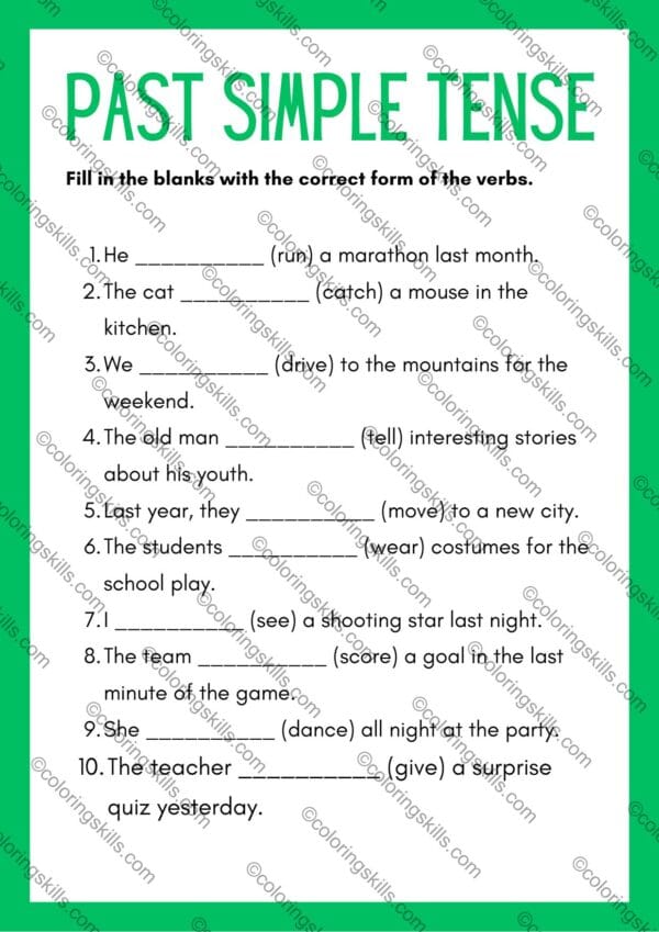 Past Simple Tense worksheet, grammar worksheet, past simple grammar exercises, editable past tense worksheet, printable grammar PDF, ESL grammar worksheet, verb tense practice, English grammar exercises, irregular verbs practice, classroom activities for past tense, past simple PPT editable