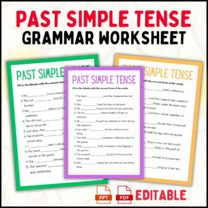 Past Simple Tense worksheet, grammar worksheet, past simple grammar exercises, editable past tense worksheet, printable grammar PDF, ESL grammar worksheet, verb tense practice, English grammar exercises, irregular verbs practice, classroom activities for past tense, past simple PPT editable