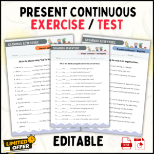 Present Continuous Tense, Grammar Exercises, Editable Grammar Worksheets, English Grammar Practice, Present Continuous PDF, ESL Grammar Resource, Grammar Workbook, Interactive Grammar Lessons, Grammar Practice with Answer Key, Classroom Grammar Exercises