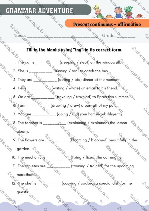 Present Continuous Tense, Grammar Exercises, Editable Grammar Worksheets, English Grammar Practice, Present Continuous PDF, ESL Grammar Resource, Grammar Workbook, Interactive Grammar Lessons, Grammar Practice with Answer Key, Classroom Grammar Exercises