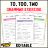 TO, TOO, TWO Grammar Exercise Worksheets, Homophone Worksheet Bundle, PDF grammar worksheets, grammar exercises to too two, homophone exercises, printable grammar worksheets, grammar worksheet for kids, classroom homophone worksheets, grammar for homeschool, grammar practice for students, PDF grammar exercises, too two grammar worksheet, English grammar homophones, to too two lesson, printable to too two exercises, editable PPT worksheets, language arts worksheets, homophones for classroom, grammar resources teachers, engaging homophone worksheets, worksheet bundle homophones.