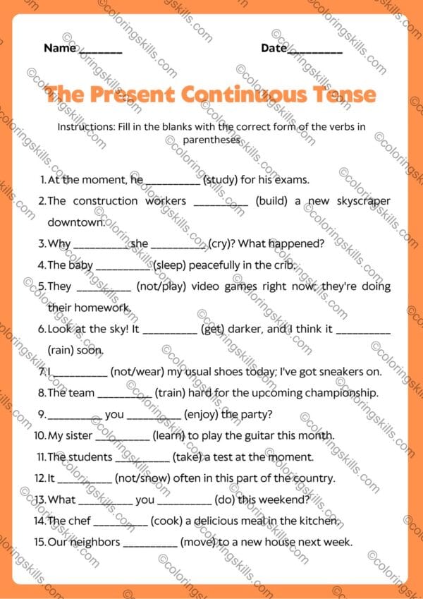 The Present Continuous Tense Grammar Worksheet, English grammar worksheet, grammar exercises, printable worksheets, Present Continuous practice, grammar worksheets for students, Present Continuous verbs, Present Continuous, English Grammar, PDF worksheets, printable grammar exercises, grammar learning resources, student worksheets, educational resources