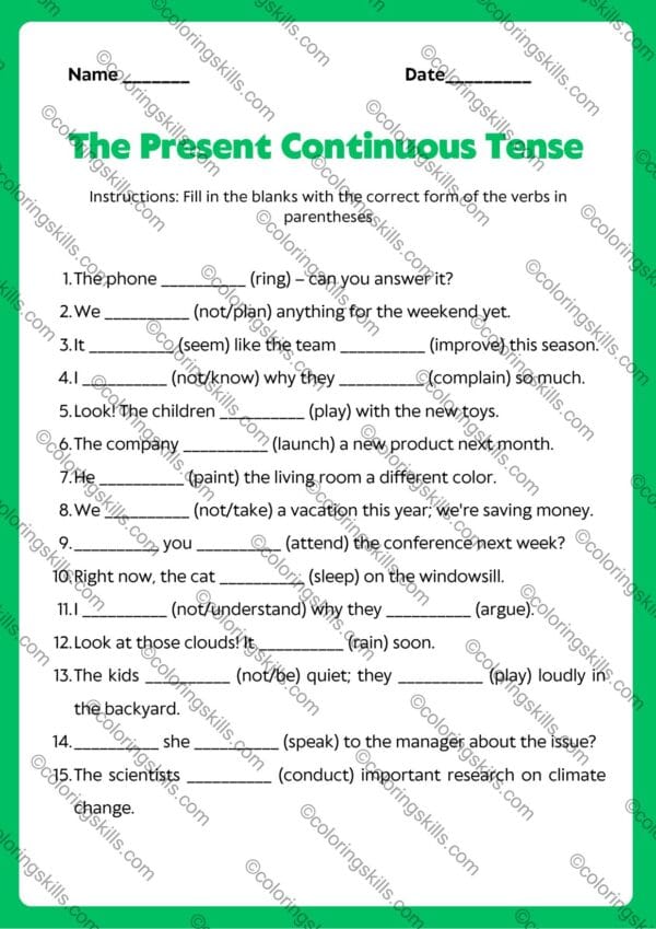 The Present Continuous Tense Grammar Worksheet, English grammar worksheet, grammar exercises, printable worksheets, Present Continuous practice, grammar worksheets for students, Present Continuous verbs, Present Continuous, English Grammar, PDF worksheets, printable grammar exercises, grammar learning resources, student worksheets, educational resources