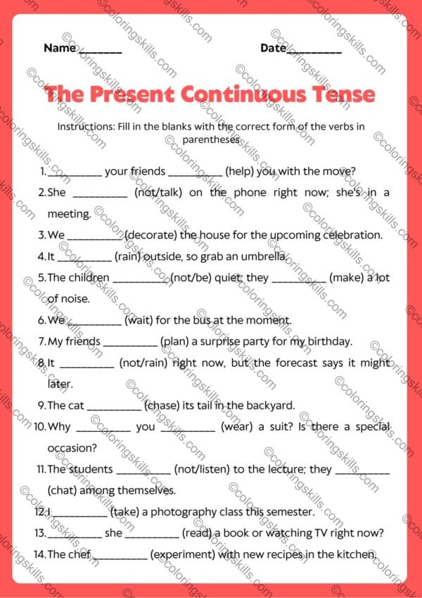 The Present Continuous Tense Grammar Worksheet, English grammar worksheet, grammar exercises, printable worksheets, Present Continuous practice, grammar worksheets for students, Present Continuous verbs, Present Continuous, English Grammar, PDF worksheets, printable grammar exercises, grammar learning resources, student worksheets, educational resources