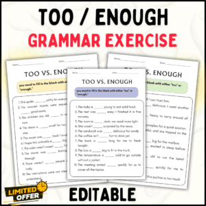 Too vs Enough Grammar Exercise Worksheets, English Grammar Worksheets, ESL Grammar Practice, Grammar Exercises for ESL, English Worksheets PDF, Too Enough Worksheet Exercises, Grammar Worksheets Editable, ESL Classroom Resources, grammar, English learning, worksheets, ESL, too vs enough, grammar exercise, PDF worksheets, grammar practice, ESL resources, teaching materials