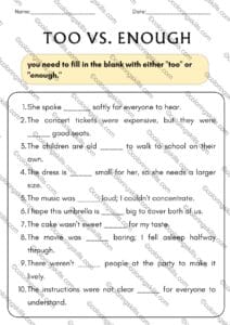 Too vs Enough Grammar Exercise Worksheets, English Grammar Worksheets, ESL Grammar Practice, Grammar Exercises for ESL, English Worksheets PDF, Too Enough Worksheet Exercises, Grammar Worksheets Editable, ESL Classroom Resources, grammar, English learning, worksheets, ESL, too vs enough, grammar exercise, PDF worksheets, grammar practice, ESL resources, teaching materials