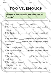 Too vs Enough Grammar Exercise Worksheets, English Grammar Worksheets, ESL Grammar Practice, Grammar Exercises for ESL, English Worksheets PDF, Too Enough Worksheet Exercises, Grammar Worksheets Editable, ESL Classroom Resources, grammar, English learning, worksheets, ESL, too vs enough, grammar exercise, PDF worksheets, grammar practice, ESL resources, teaching materials