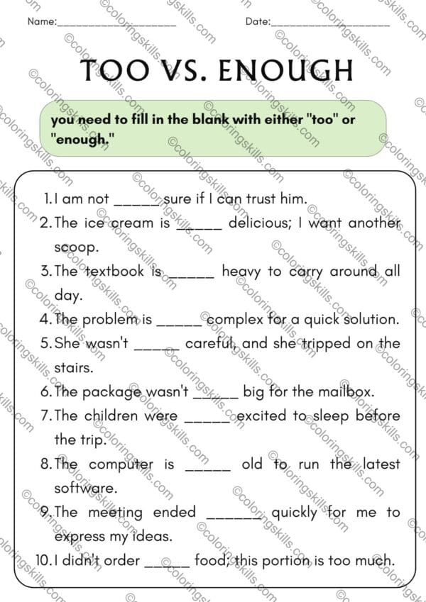 Too vs Enough Grammar Exercise Worksheets, English Grammar Worksheets, ESL Grammar Practice, Grammar Exercises for ESL, English Worksheets PDF, Too Enough Worksheet Exercises, Grammar Worksheets Editable, ESL Classroom Resources, grammar, English learning, worksheets, ESL, too vs enough, grammar exercise, PDF worksheets, grammar practice, ESL resources, teaching materials