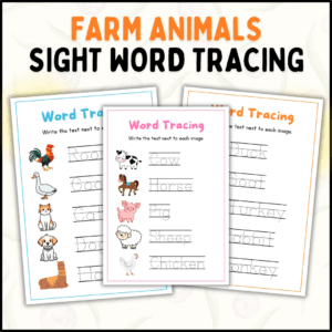 sight words, tracing worksheet, farm animals, early literacy, preschool, kindergarten, animal names, tracing practice, educational worksheet, early learning, download printable, child-friendly, fun learning, handwriting practice, literacy worksheet, homeschool, PDF, coloringskills