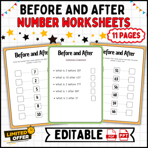 before and after number worksheets, kids math worksheets, printable number worksheets, before and after numbers, number sequencing worksheets, educational worksheets for kids, preschool math activities, early math learning resources, math skills for kids, children’s number worksheets