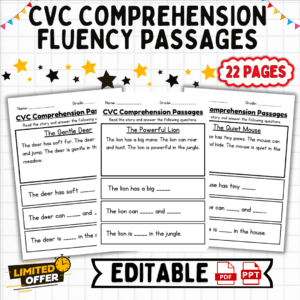 CVC comprehension reading passages, early reading resources, phonics activities, kindergarten reading practice, literacy development, PDF + PPT reading pack, beginner reading exercises, phonics for kids, early literacy tools, reading comprehension activities