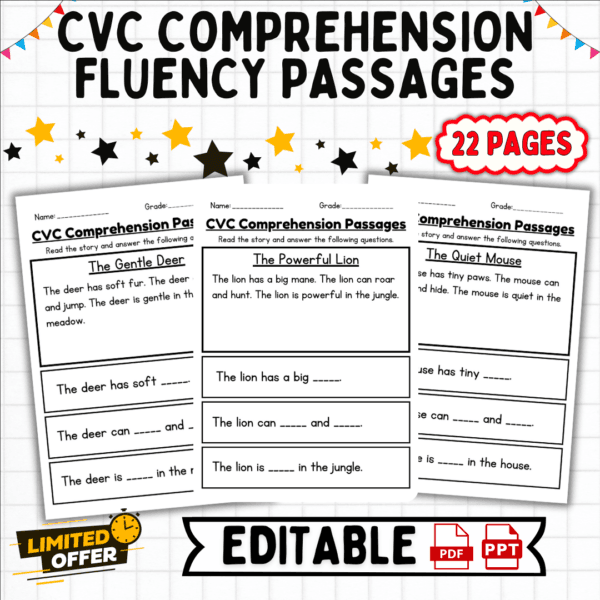 CVC comprehension reading passages, early reading resources, phonics activities, kindergarten reading practice, literacy development, PDF + PPT reading pack, beginner reading exercises, phonics for kids, early literacy tools, reading comprehension activities