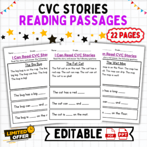 CVC reading passages, CVC words, phonics practice, early reading resource, CVC word list, CVC worksheets, PDF phonics worksheets, editable CVC PowerPoint, phonics for kids, reading passages for young learners, early literacy, CVC word families, kindergarten reading activities, printable CVC passages