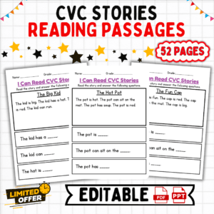 cvc reading passages, cvc words worksheets, cvc word list, early literacy worksheets, phonics reading, consonant vowel consonant words, printable cvc passages, interactive reading passages for kids, editable cvc reading passages, phonemic awareness