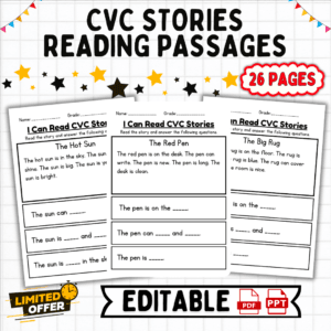 CVC reading passages, CVC worksheets, CVC words list, phonics practice, early reading skills, CVC word decoding, reading fluency for kids, 26-page CVC bundle, editable CVC passages, CVC phonics bundle, kindergarten reading resource, interactive reading passages, phonics worksheets PDF, CVC word pattern practice, consonant-vowel-consonant words, beginner reading practice, phonics activity, CVC word practice PDF, custom CVC resources, reading for kindergarten, CVC reading, early reading skills, phonics practice, beginner readers, kindergarten resources, customizable phonics worksheets, editable reading passages, classroom phonics activities, CVC word fluency, PDF phonics bundle, phonics for homeschoolers, phonics worksheets, preschool reading, reading independence resources, sight word practice