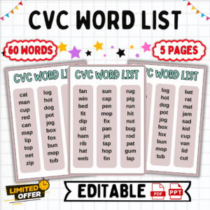 CVC word list, phonics, early literacy, CVC words, reading fluency, printable PDF, editable PPT, phonemic awareness, literacy resources, early reading, sight words, kindergarten reading, preschool literacy