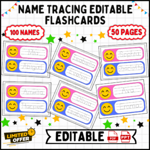 editable name tracing flashcards, customizable name writing flashcards, kids handwriting practice, personalized name learning, 50-page tracing cards, homeschool tracing resource, name writing fun, early learning tools, educational flashcards, editable PDF and PPT, editable, name tracing, flashcards, customizable, handwriting practice, kids learning, 50 pages, PDF, PPT, homeschool, education, early learning, fun learning, fine motor skills, downloadable, personalized, parents, teachers, A4 size