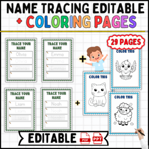 name tracing editable, name tracing pages, coloring pages for kids, editable worksheets, handwriting practice, preschool learning, creative activities, name tracing and coloring, educational resources for kids, free educational downloads, name tracing, coloring pages, handwriting practice, kids activities, editable PDF, preschool learning, early education, fun worksheets, creative learning