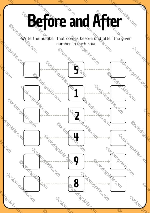 before and after number worksheets, kids math worksheets, printable number worksheets, before and after numbers, number sequencing worksheets, educational worksheets for kids, preschool math activities, early math learning resources, math skills for kids, children’s number worksheets