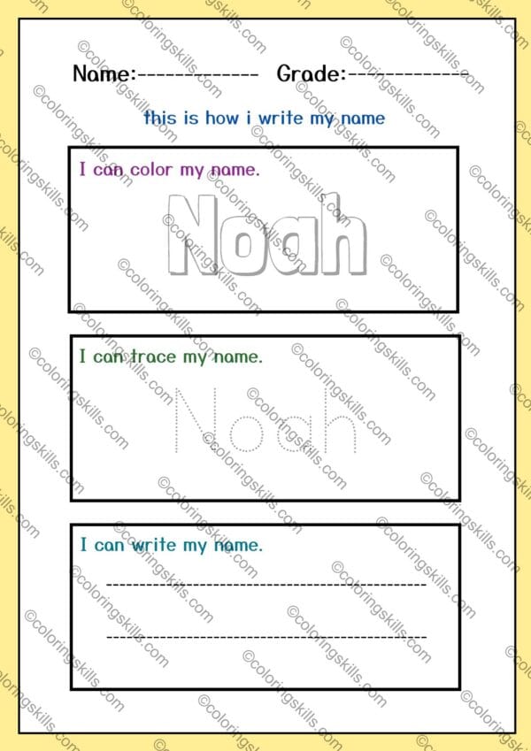 editable name tracing worksheets, handwriting practice, this is how i write my name, name-writing activity, A4 printable worksheets, color trace write activity, last day of school activity, customizable name worksheets, editable PDF and PPT, fine motor skills practice