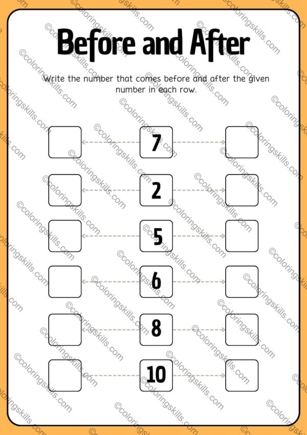 before and after number worksheets, kids math worksheets, printable number worksheets, before and after numbers, number sequencing worksheets, educational worksheets for kids, preschool math activities, early math learning resources, math skills for kids, children’s number worksheets