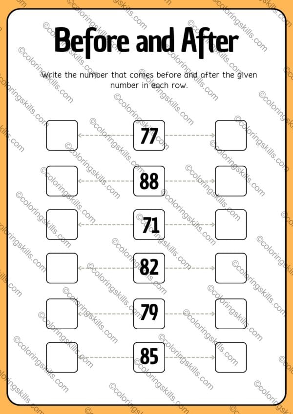 before and after number worksheets, kids math worksheets, printable number worksheets, before and after numbers, number sequencing worksheets, educational worksheets for kids, preschool math activities, early math learning resources, math skills for kids, children’s number worksheets