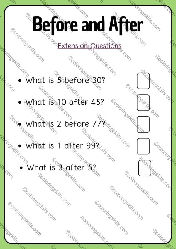 before and after number worksheets, kids math worksheets, printable number worksheets, before and after numbers, number sequencing worksheets, educational worksheets for kids, preschool math activities, early math learning resources, math skills for kids, children’s number worksheets