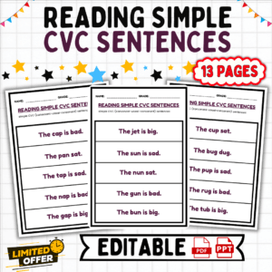 reading simple CVC sentences, early literacy, CVC words activities, 13-page reading bundle, beginner reading worksheets, phonics practice, CVC sentence worksheets, kids learning resources, educational PDF download, teaching early reading skills, CVC words, phonics, early reading, literacy skills, kids activities, beginner sentences, educational worksheets, teaching tools, printable resources, free CVC worksheets