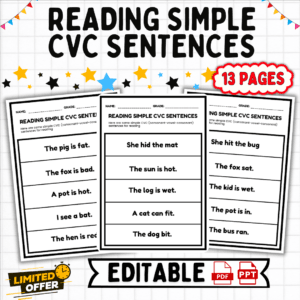 reading simple cvc sentences, cvc sentences for kids, early literacy workbook, reading fluency activities, printable reading exercises, beginner reader sentences, phonics-based learning, classroom reading materials, homeschooling resources, fun educational activities for kids, CVC sentences, phonics, early reading, kids learning, literacy workbook, beginner readers, homeschooling, educational resources, printable activities, classroom tools