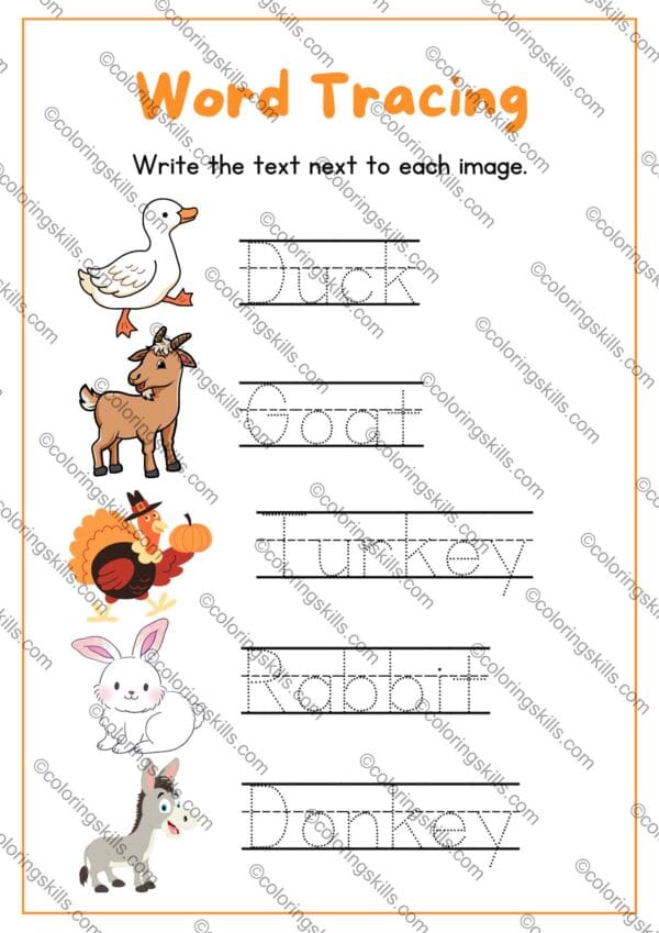 sight words, tracing worksheet, farm animals, early literacy, preschool, kindergarten, animal names, tracing practice, educational worksheet, early learning, download printable, child-friendly, fun learning, handwriting practice, literacy worksheet, homeschool, PDF, coloringskills