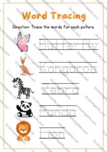 Animal sight word tracing worksheets,Animal word tracing for kids,Sight word tracing animals,Preschool sight words animals,Animal handwriting practice worksheets,Fine motor skills tracing,Animal tracing activities,Kindergarten animal word tracing,A4 size animal worksheets,Fun learning worksheets animals