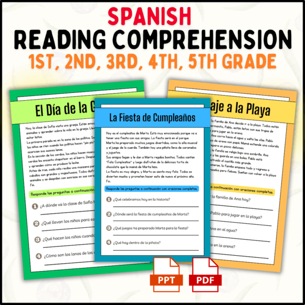 Spanish reading comprehension passages, Spanish reading for 1st grade, 2nd grade Spanish reading passages, 3rd grade Spanish reading exercises, 4th grade Spanish reading material, 5th grade Spanish reading practice, elementary Spanish comprehension, editable Spanish reading resource, Spanish comprehension, reading practice, elementary education, bilingual learning, teacher resources, editable PDF, PowerPoint Spanish resources, printable Spanish passages, interactive learning