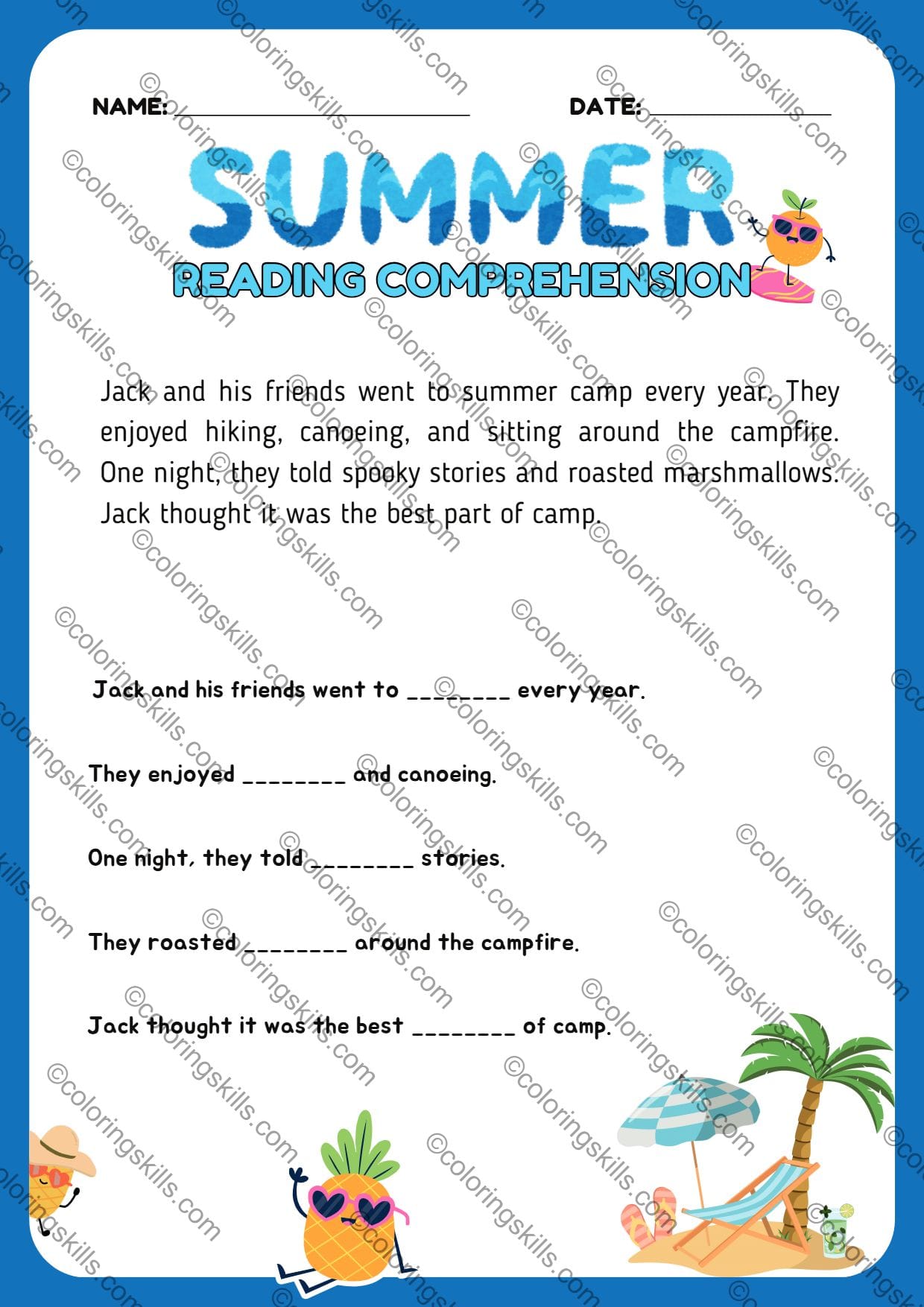 Summer Reading Comprehension Passages And Questions | Coloring Skills