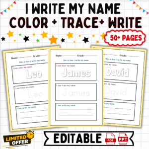 editable name tracing worksheets, handwriting practice, this is how i write my name, name-writing activity, A4 printable worksheets, color trace write activity, last day of school activity, customizable name worksheets, editable PDF and PPT, fine motor skills practice